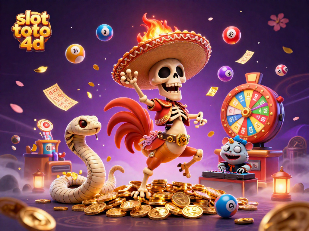 Engage with slot toto 4d in this vibrant scene of dynamic lottery elements and animated characters.