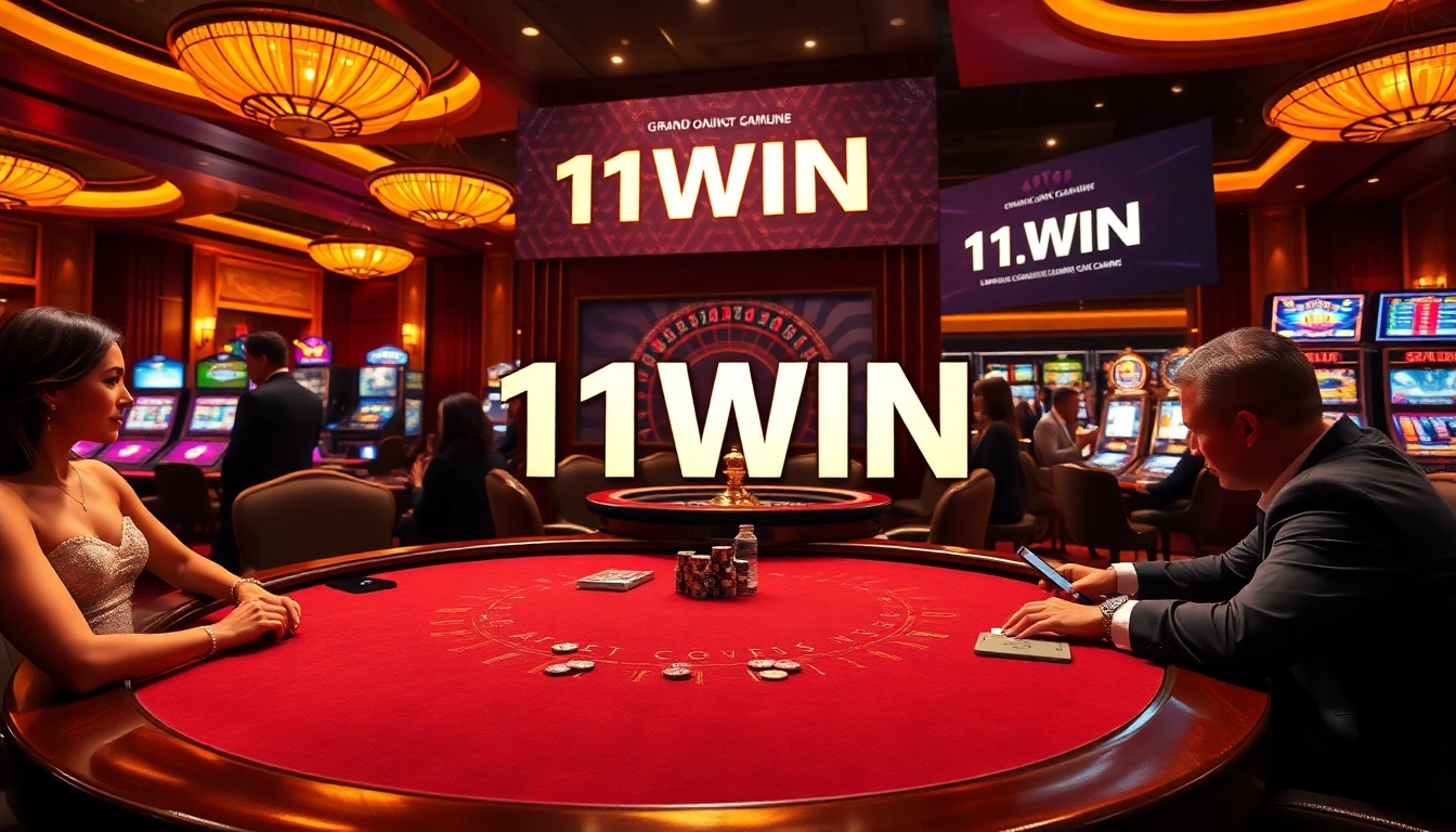 Players enjoying a poker game in a luxurious casino featuring 11WIN branding.