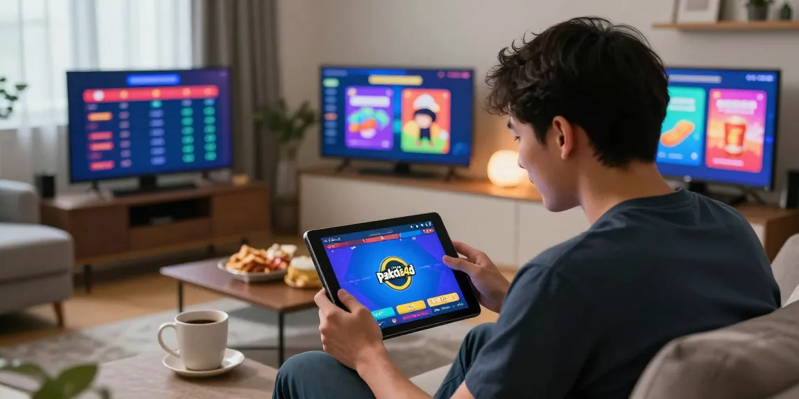 Player enjoying pakde4d online togel games on a tablet in a cozy living room.