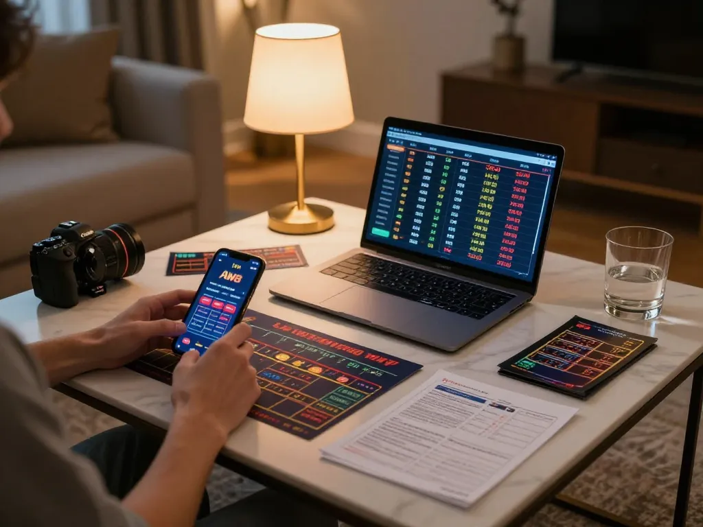AW8 user analyzing betting odds on laptop and smartphone in a cozy gaming setup.