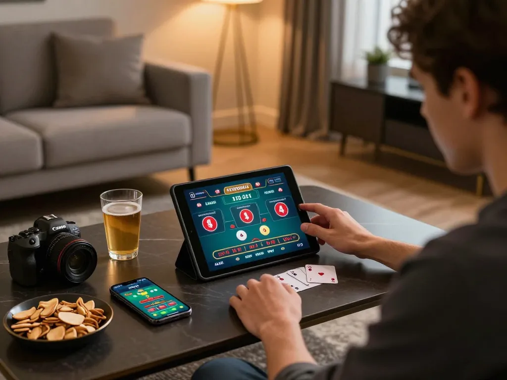 A person playing blackjack online in a stylish living room, showcasing alev kumar's gaming strategies.