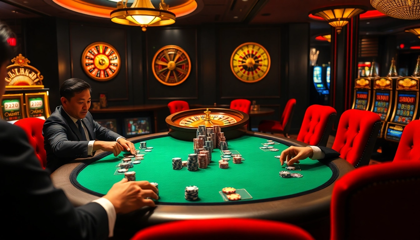 Experience the thrill of pengeluaran china at a luxurious poker table surrounded by excited players and vibrant casino elements.