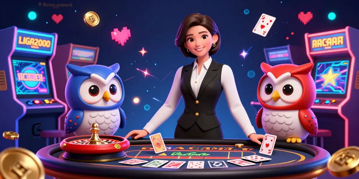 Dealer LIGA2000 di kasino dinamis, menampilkan elemen permainan elegan dengan fitur interaktif.