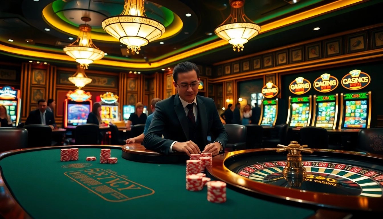 Players enjoying various casino games at qqmacan in an elegant setting.