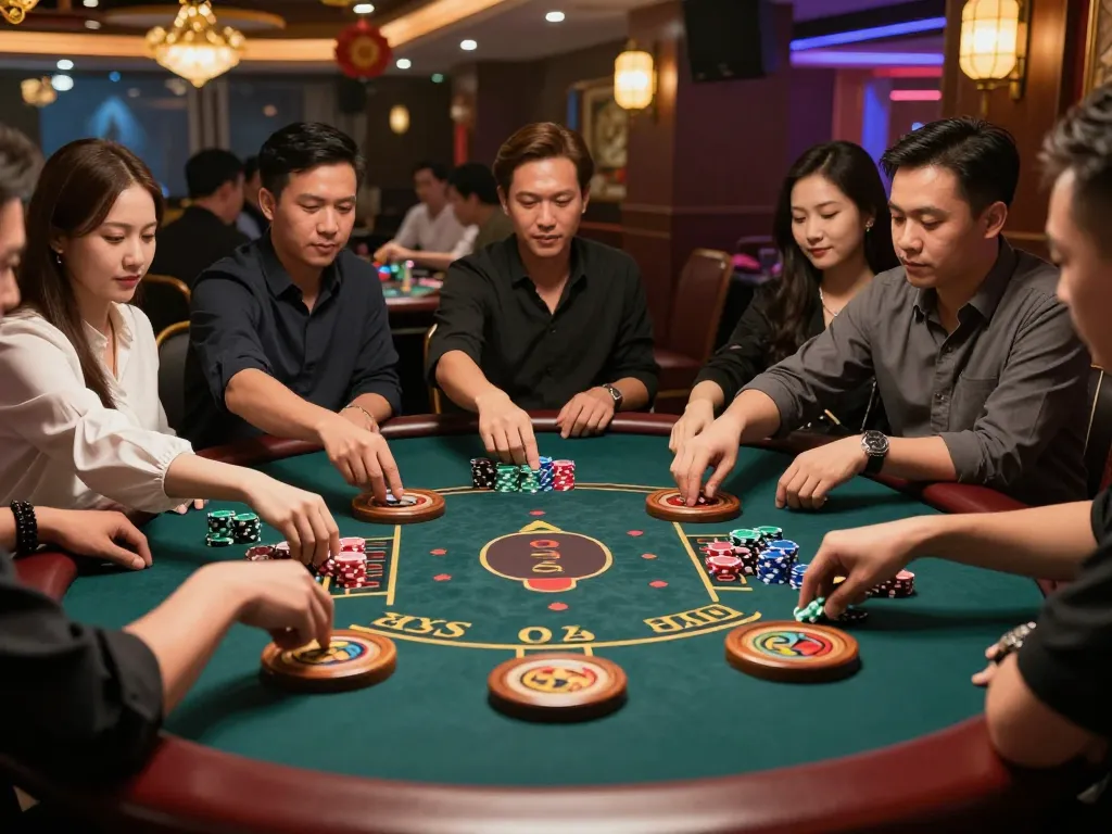 xóc đĩa players in action at a vibrant casino table during an exciting gambling session