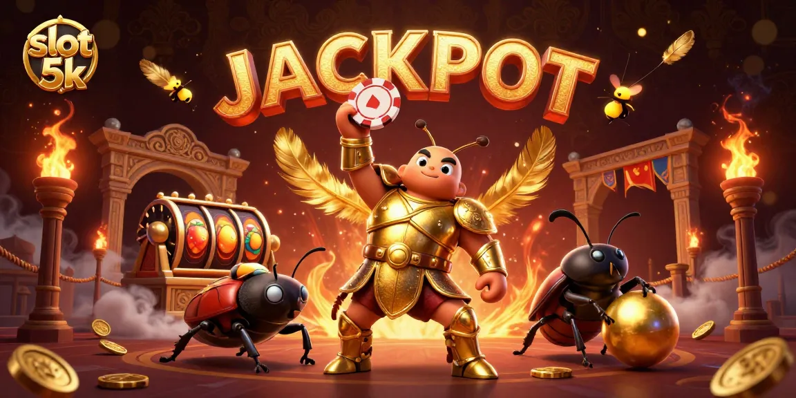 Engage in the thrilling world of slot 5k as a cartoon hercules beetle celebrates a jackpot in a vibrant casino setting.