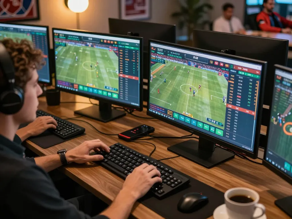 Excited user engaging in Bbet online sports betting at modern desk with multiple screens and warm lighting