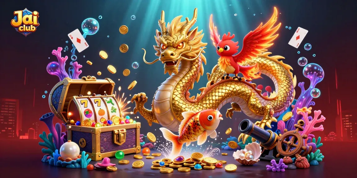 Experience the thrill at Jai club with a dynamic scene featuring a dragon, phoenix, and koi fish amidst an explosion of casino games.