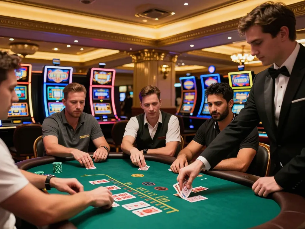 Players strategizing over TT88 bets during an exciting blackjack game in a lively casino.