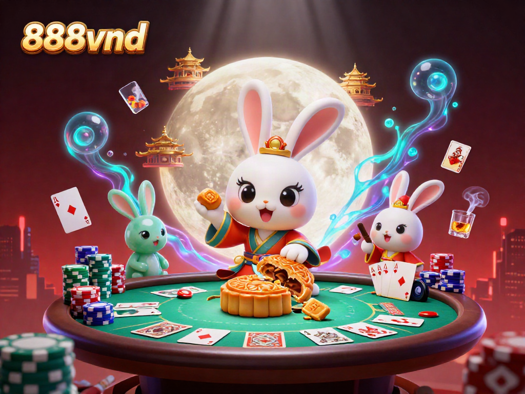 Engage with 888vnd as a moon rabbit prepares golden mooncakes revealing poker chips, amidst dynamic casino elements.