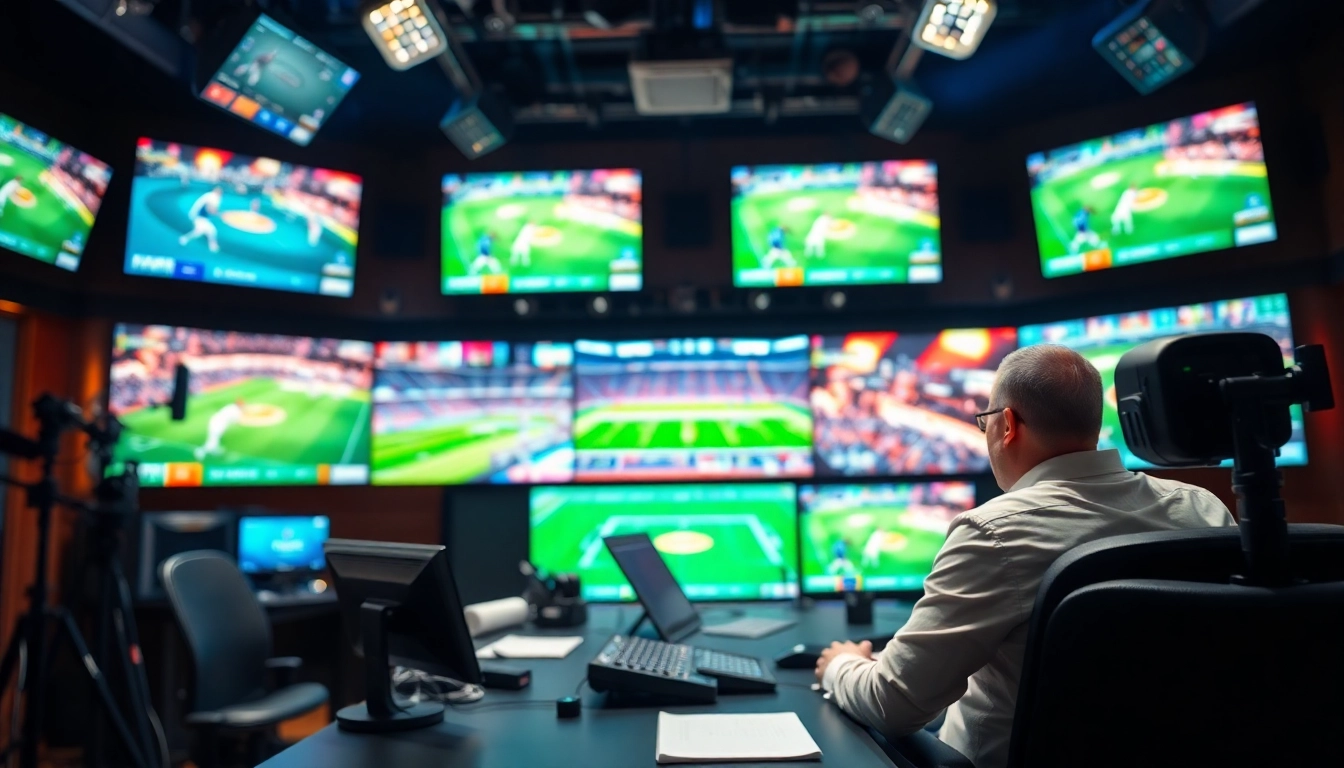 Engaging sports broadcasting scene showcasing a professional announcer, emphasizing excitement in sports broadcasting.