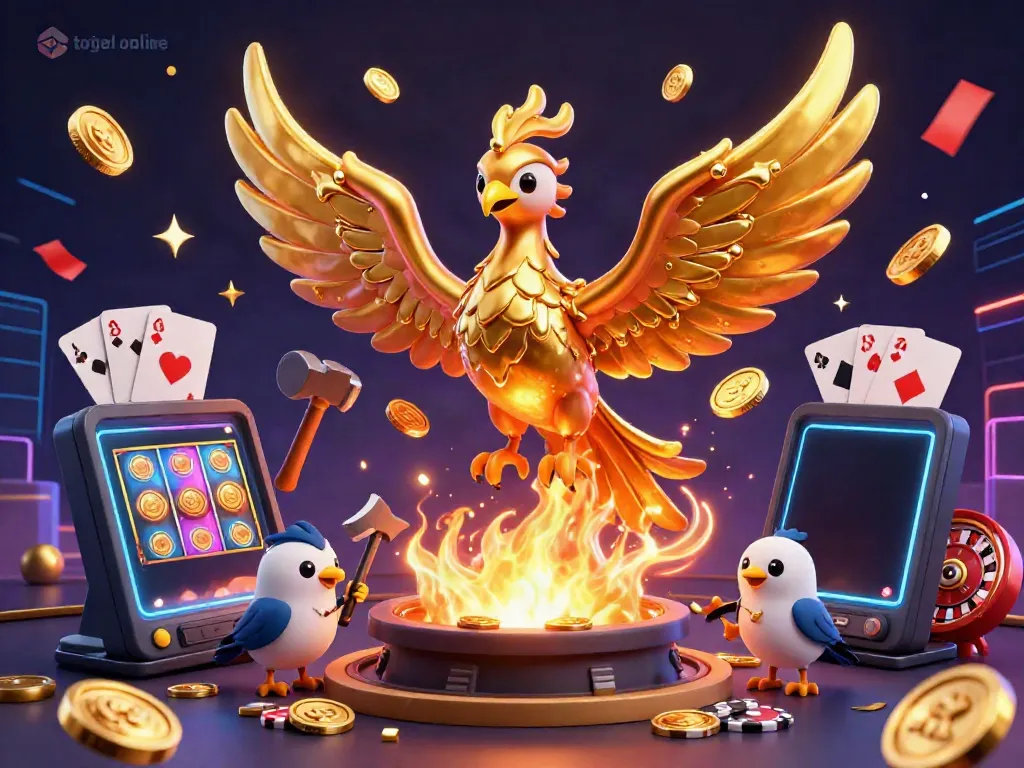 Immerse in the world of togel online with a golden phoenix and dynamic casino elements.