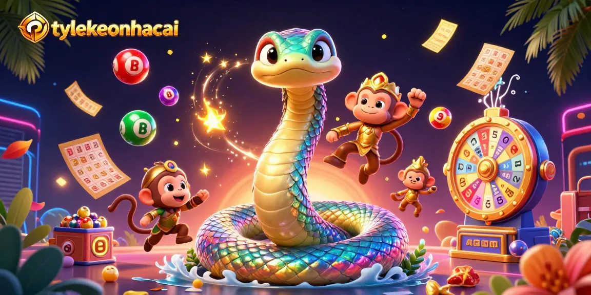 Experience thrilling action with tylekeonhacai, featuring a vibrant 3D scene of a colorful lottery extravaganza.