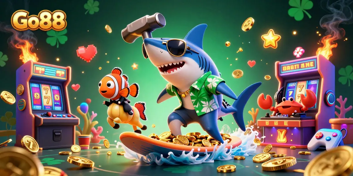 Engage with Go88 by experiencing the thrill of winning as a shark rides gold coins in this vibrant casino scene.