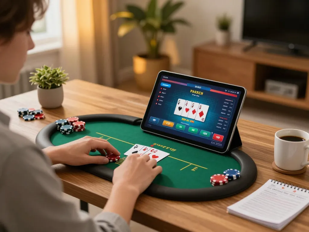 Playing poker on a tablet with the nhà cái cm88 interface at home, showcasing a casual gaming setup.