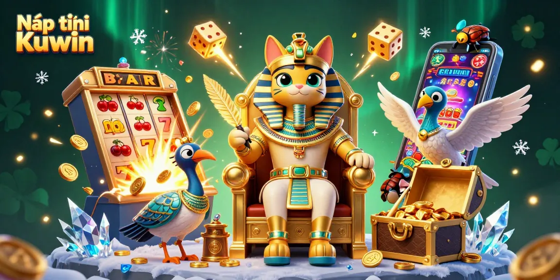 Nạp tiền Kuwin with a vibrant detailed scene showcasing casino elements, a pharaoh cat, and gold treasures.