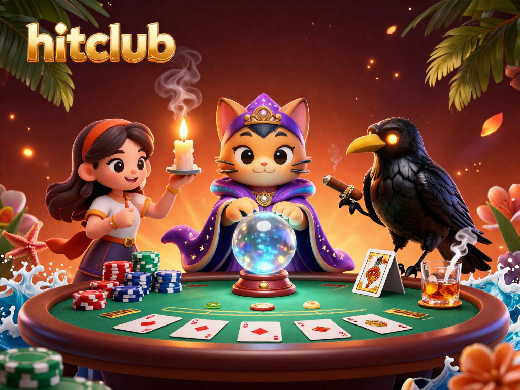 hitclub showcases a vibrant casino scene with a mystic cat, a raven, and poker elements, creating a magical atmosphere.