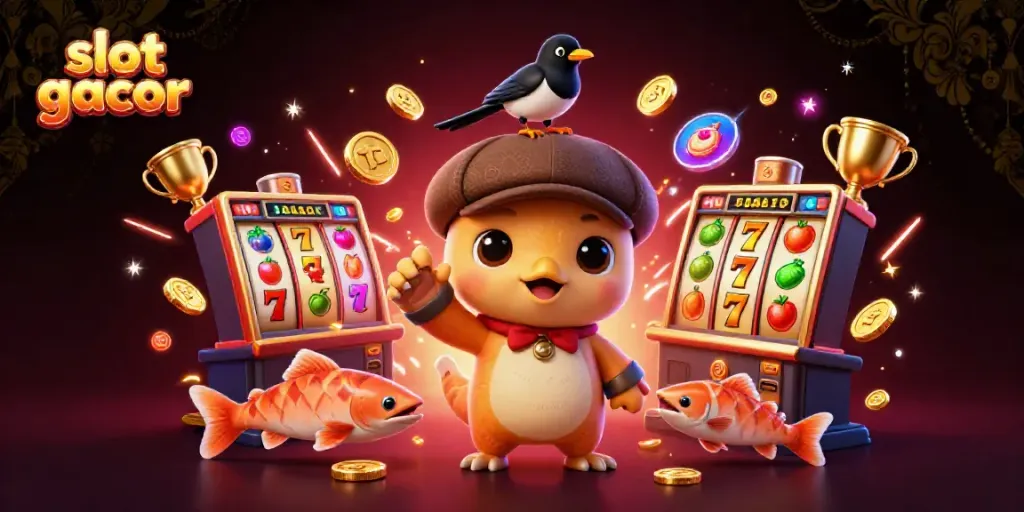 Experience thrilling slot gacor gameplay with a playful Nessie and sparkling jackpot elements in a vibrant casino scene.