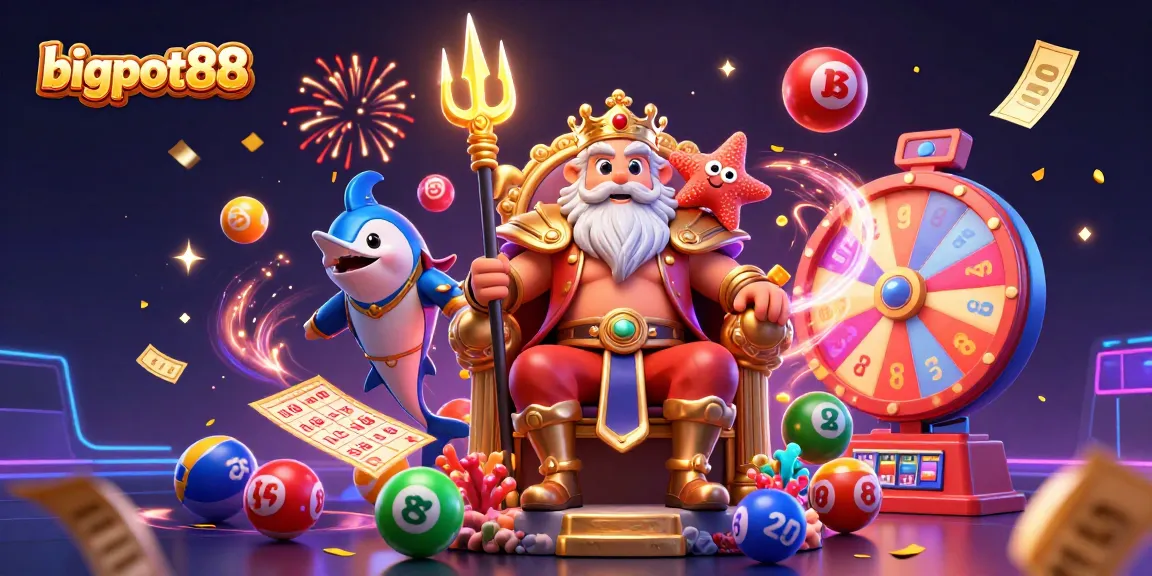 Engage in thrilling lottery fun with bigpot88's vibrant illustration of Neptune, samurai, and dynamic game elements.