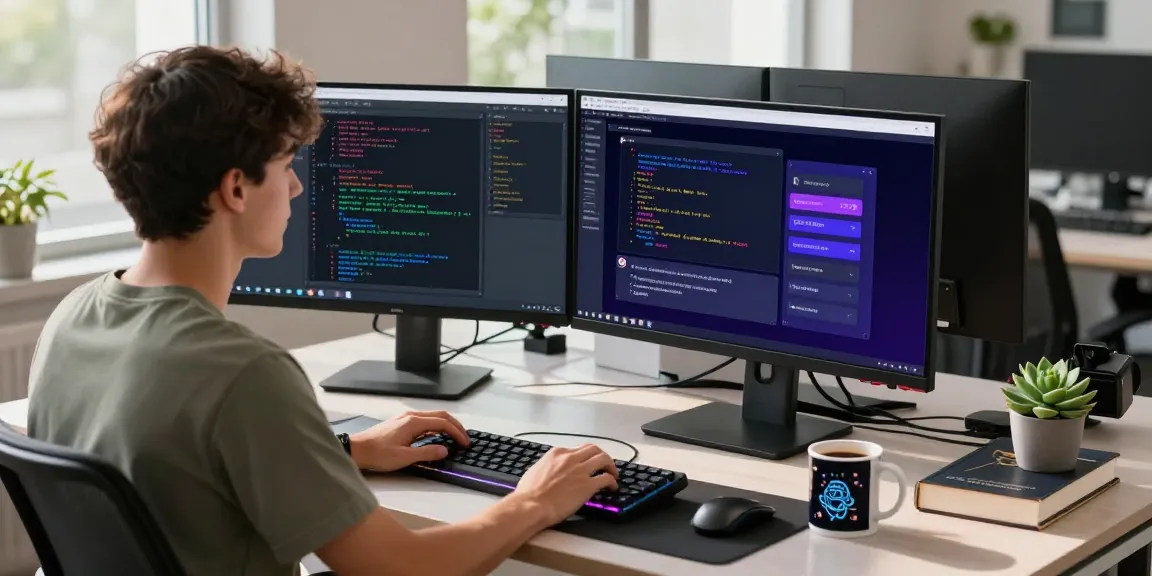 Kobold AI software in action on a dual-monitor setup showcasing programming and AI conversations in a modern workspace.