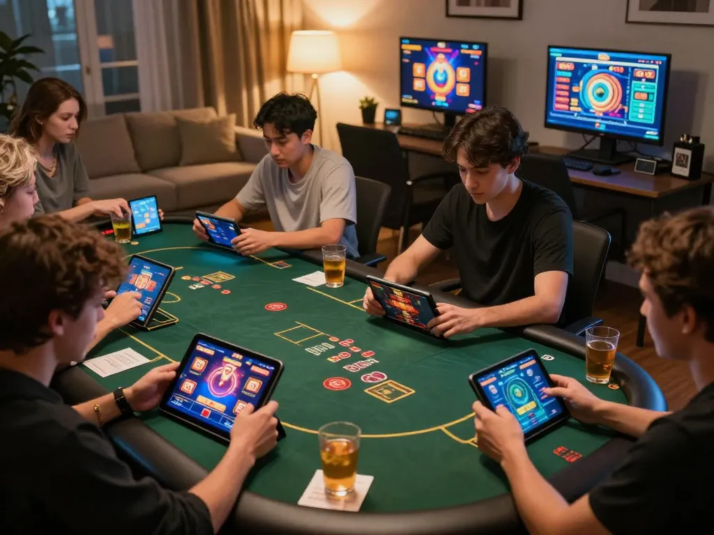Engaging in online gaming on AF88 win, players celebrate wins with vibrant screens and cozy setups.