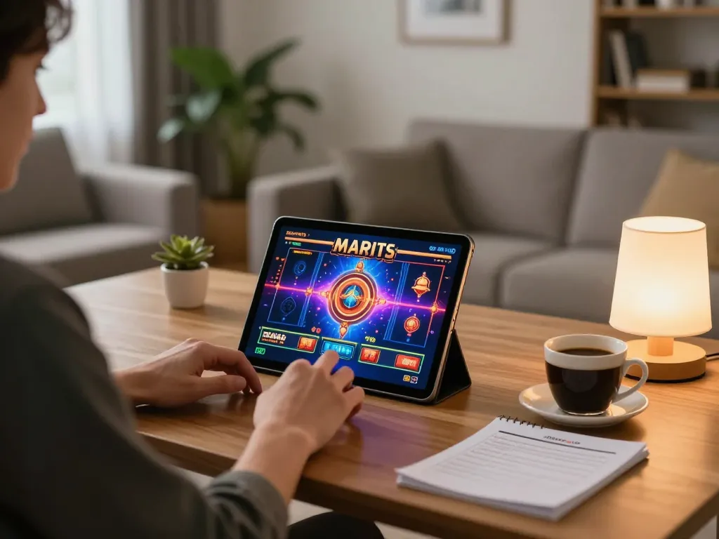 Player engaging in online slots with 98win on tablet amidst cozy home setup.