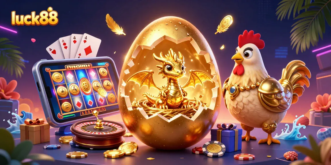 Play luck88 for real money in this vibrant casino scene featuring golden elements and gambling games.
