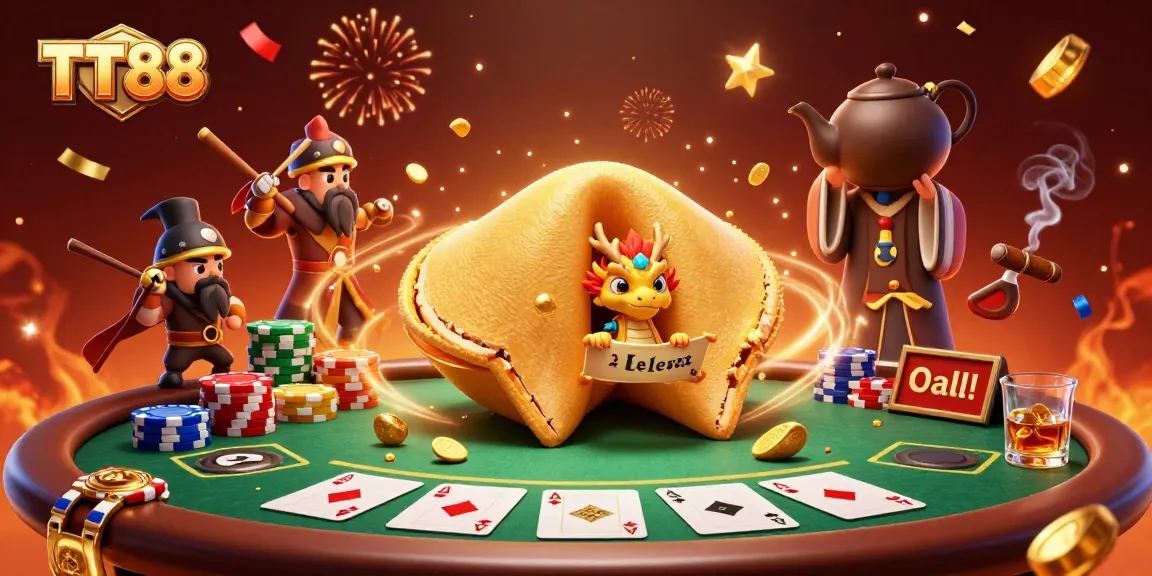 Engage with TT88's exciting poker scene featuring a dragon and fortune cookie illustration.