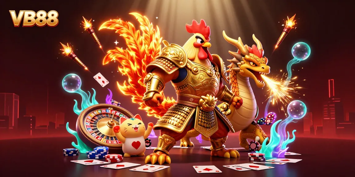 Engage with VB88 in this vibrant casino-themed illustration featuring a powerful rooster warrior and dragon hatchling.