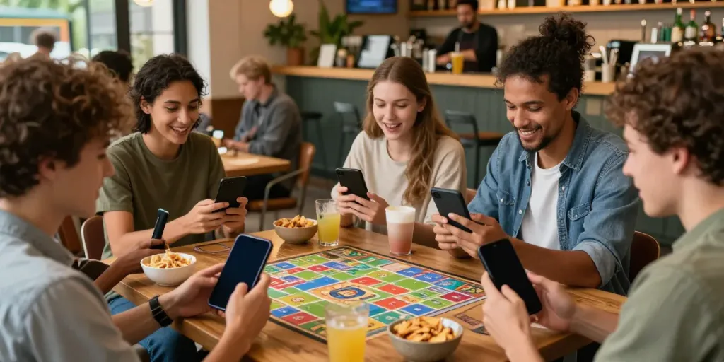 Engaged players enjoying Rumble Rummy on mobile devices in a cozy café setting.