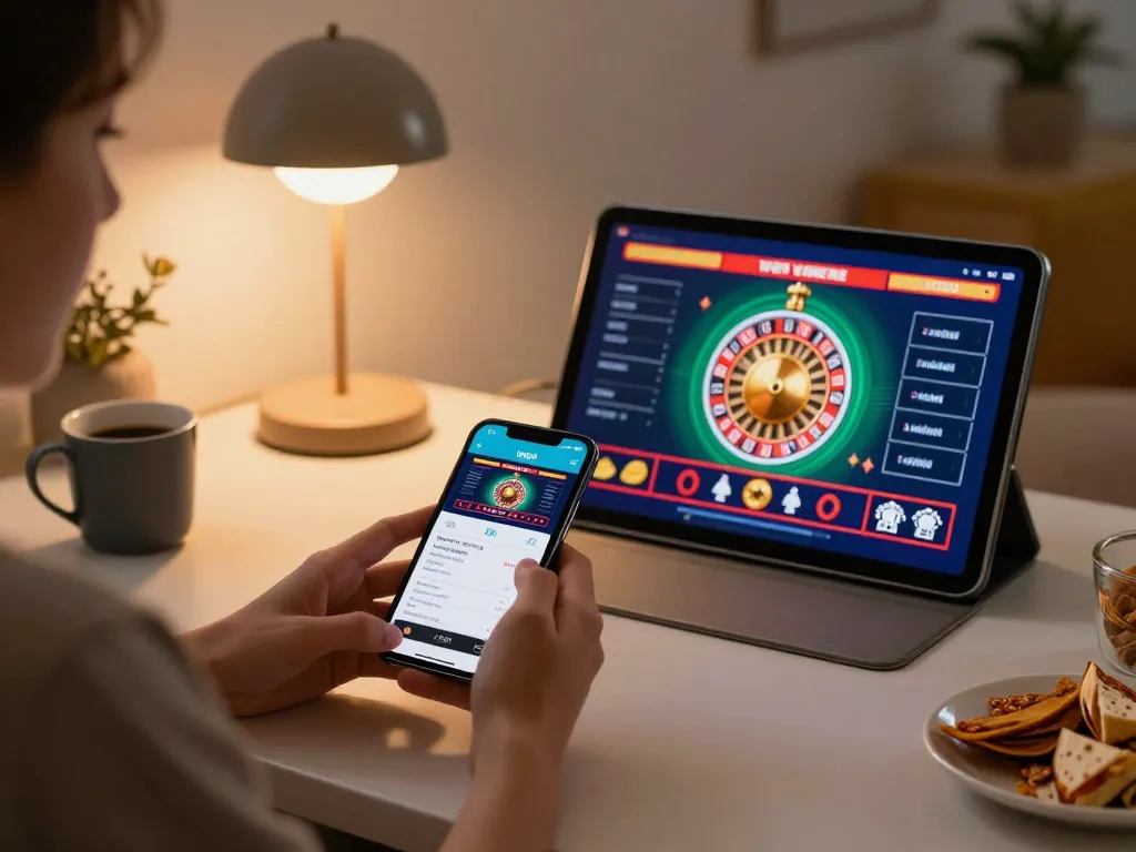 Player enjoying the W69 mobile gambling app with a smartphone during a cozy home gaming environment.
