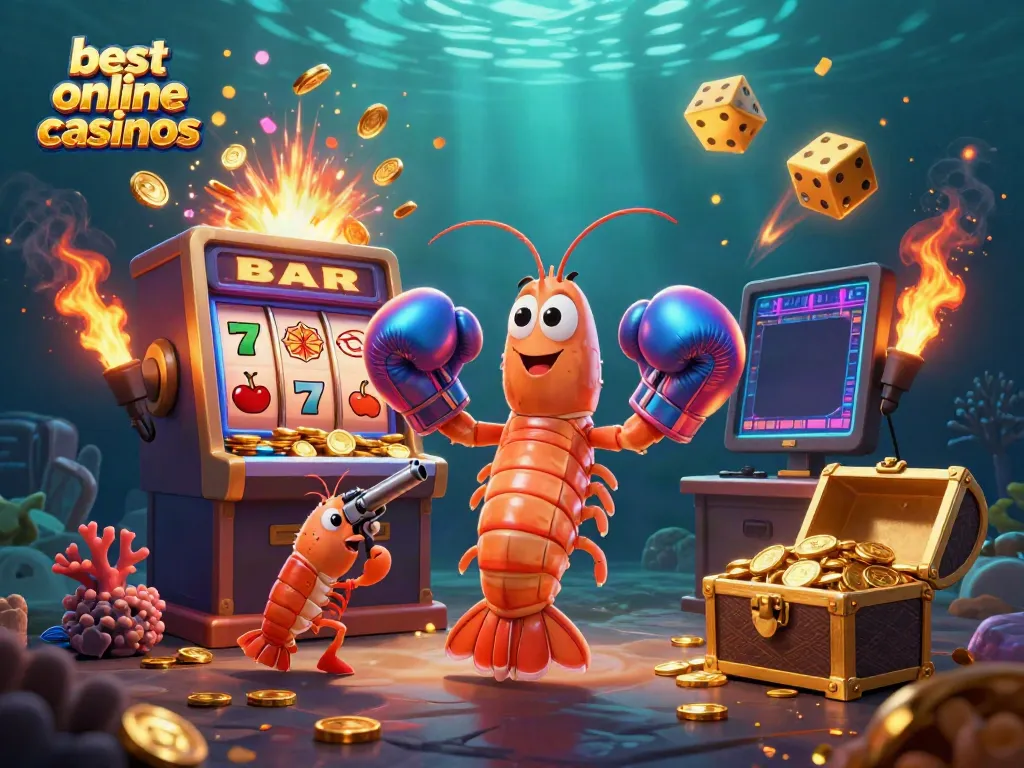 Engaging 3D scene of the best online casinos featuring a mantis shrimp, a pistol shrimp, and a coral grouper, amidst vibrant casino elements.