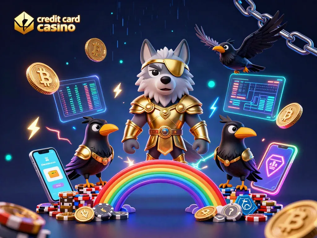 Join the excitement at a credit card casino with vibrant Norse characters and glowing crypto elements.