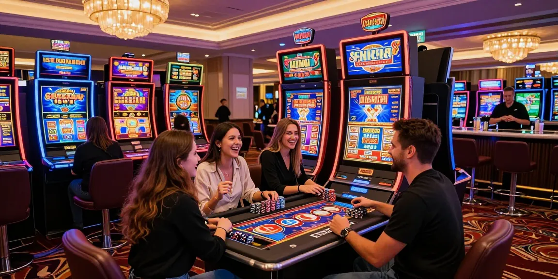 Friends enjoying a thrilling slot gacor gaming experience at a lively casino.