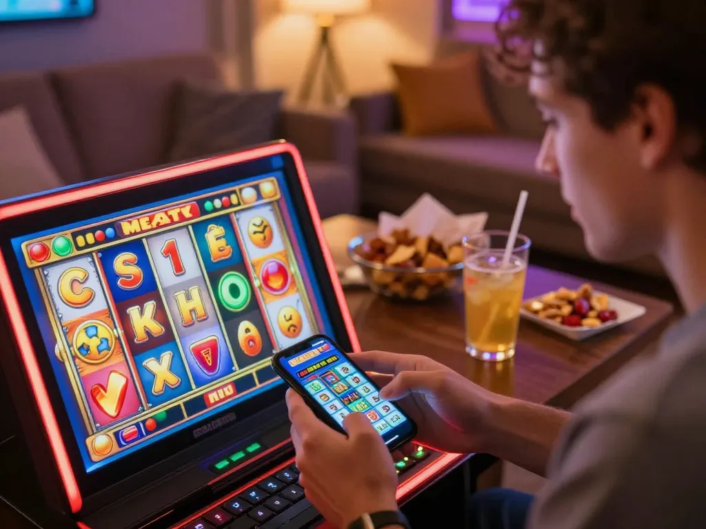 Engaging moment playing nổ hũ slot on smartphone, showcasing winning excitement in cozy home setting