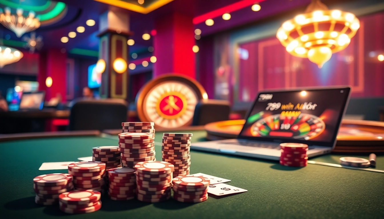 Engaging scene of gamblers at a casino table with 789win đăng nhập on a laptop screen.