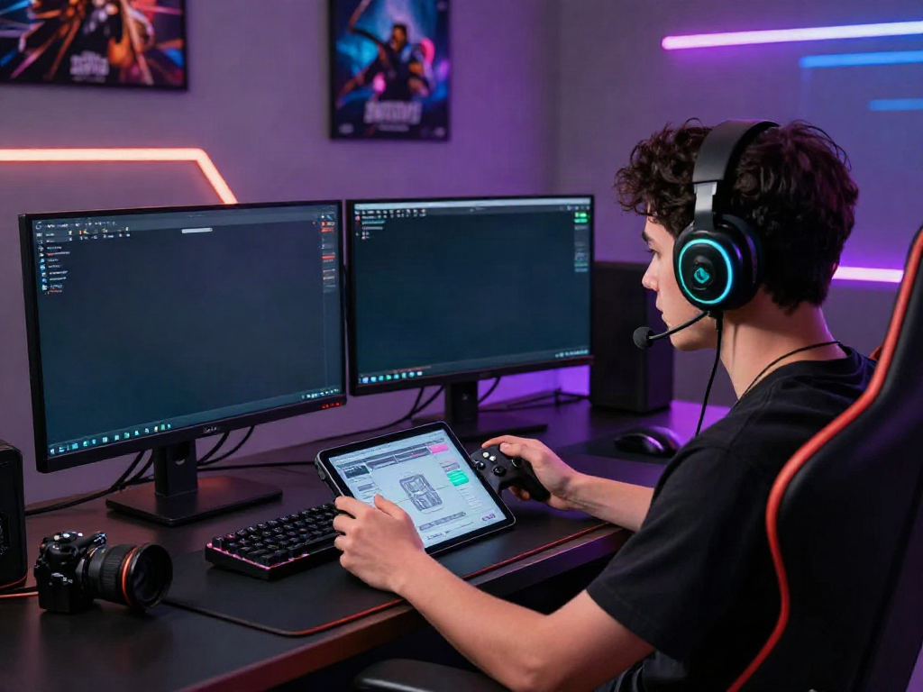 Engaged player logging into Singatoto game on dual monitors in a vibrant gaming studio.