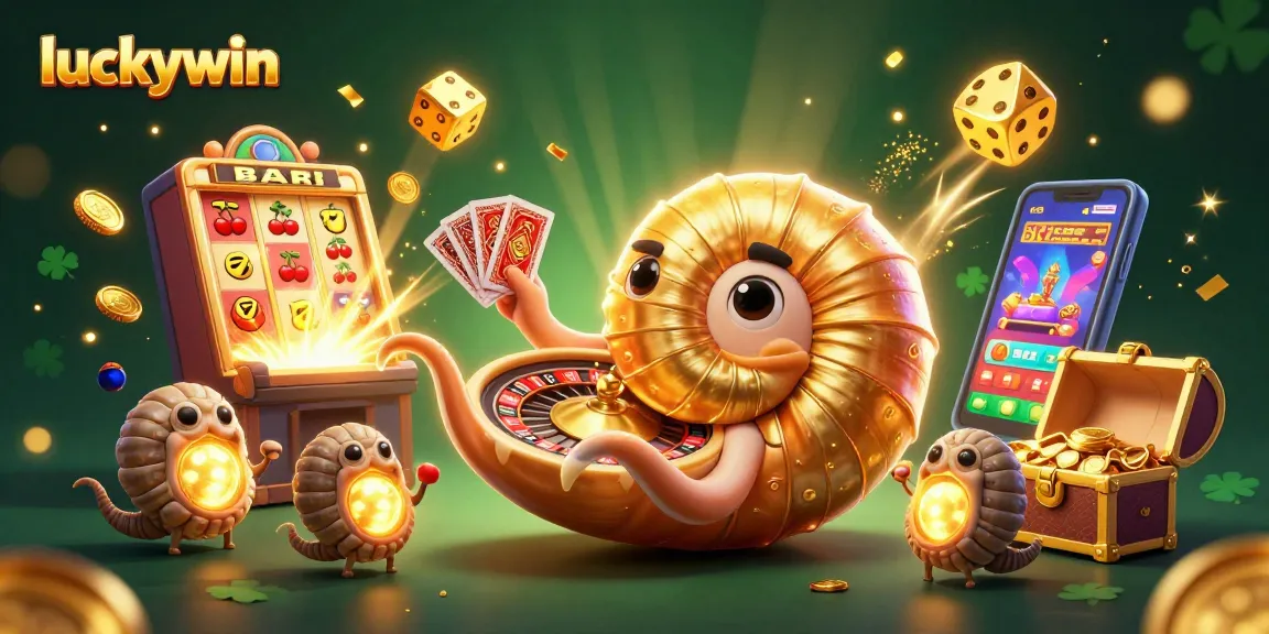 Experience the thrill of luckywin with a 3D casino illustration featuring jackpots and vibrant game elements.