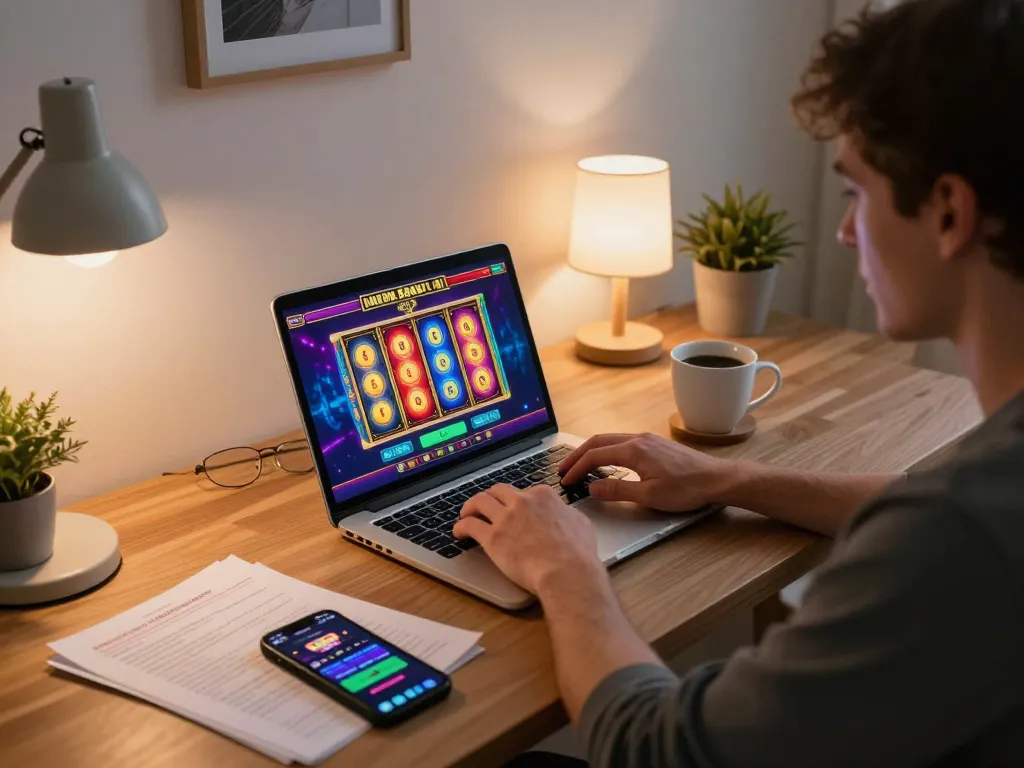 Engaging slot session on a laptop showcasing situs slot gacor with warm cozy lighting