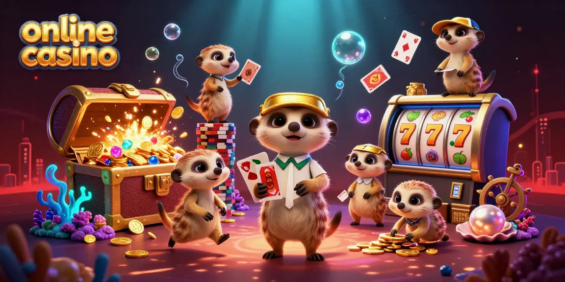 Experience an exciting online casino scene with meerkats managing games and treasures.
