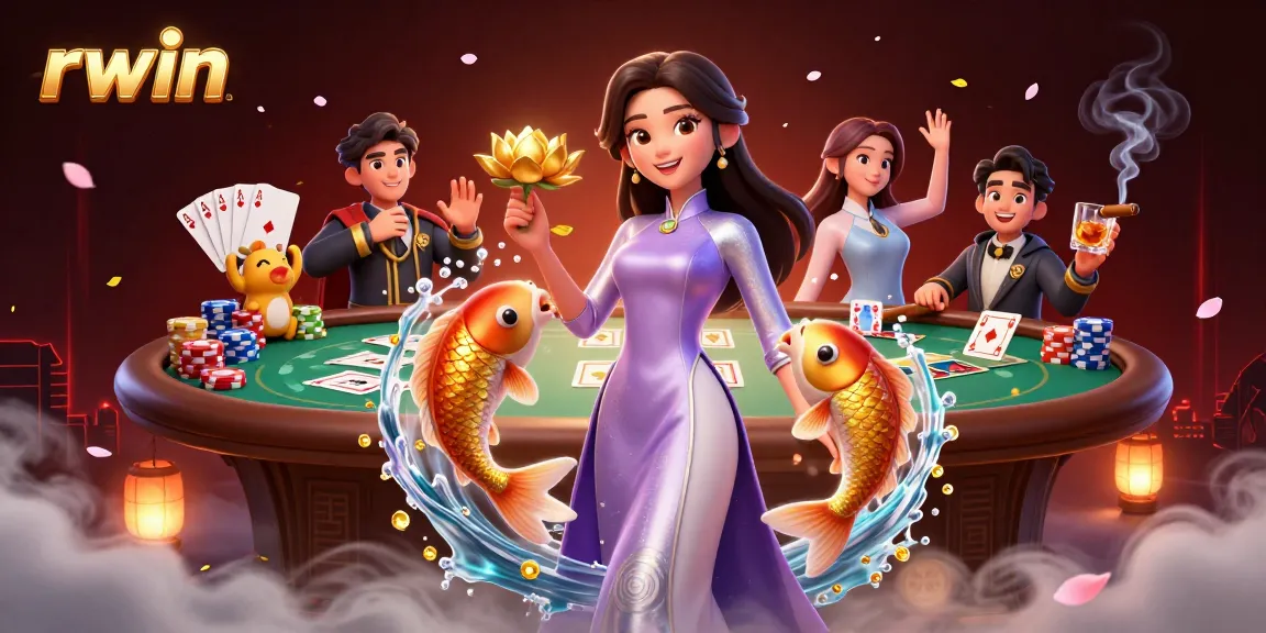 Engage in rwin strategies with an Asian woman at a vibrant poker table adorned with golden koi and game elements.