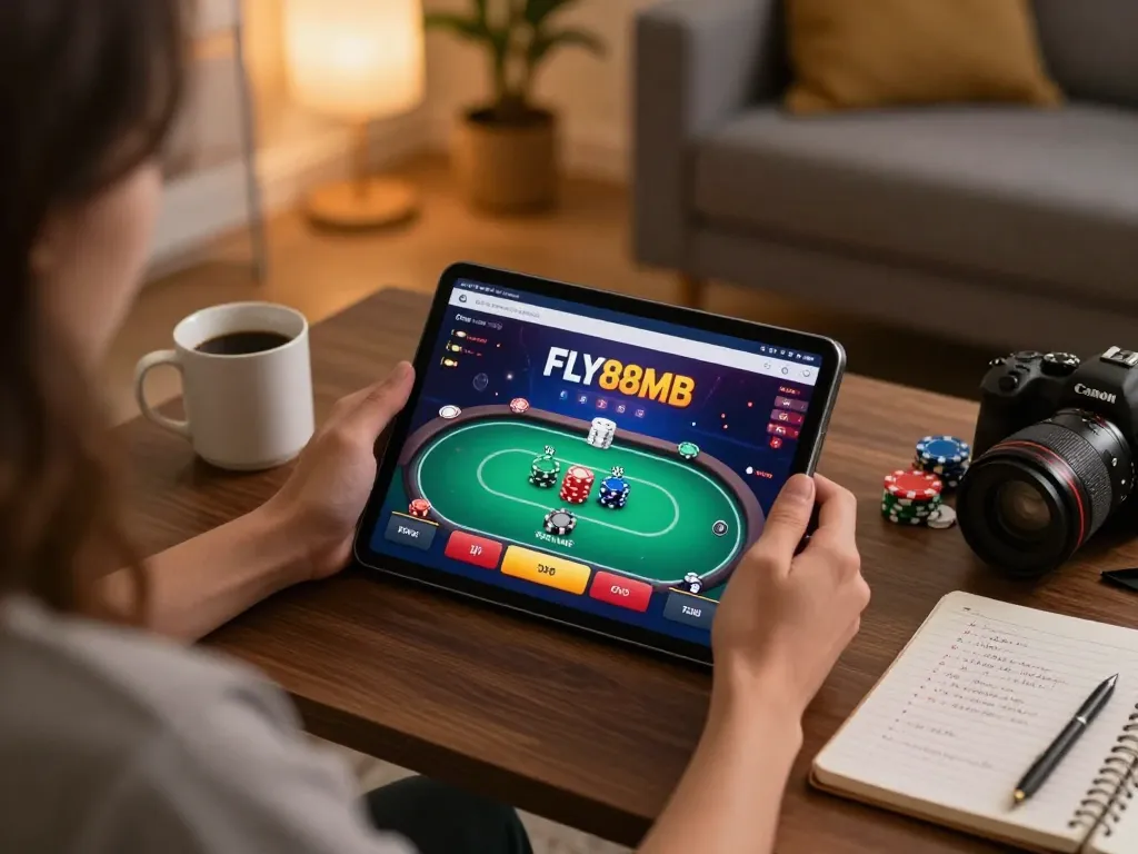 Player exploring the FLY88MB app for online poker, showcasing strategic gameplay in a cozy home setting.