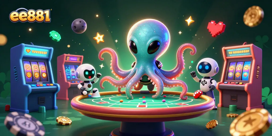 Experience thrilling poker action with ee881's alien octopus at a holographic table amidst dazzling casino elements.