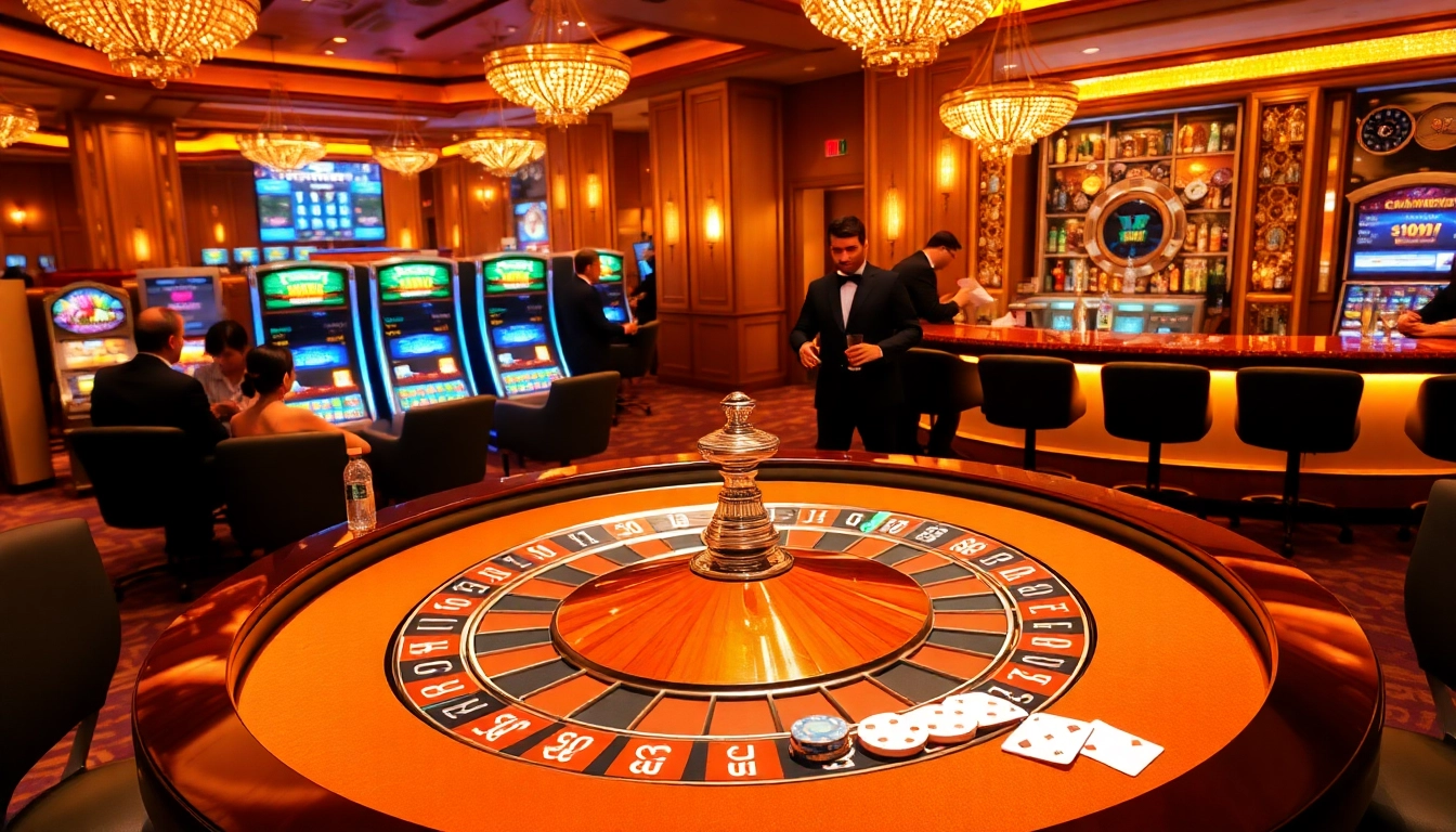 KJC casino scene showcasing a vibrant roulette table with players and colorful slot machines.