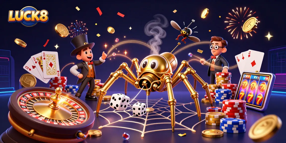 LUCK8 showcases a vibrant 3D casino scene with a golden spider and thematic elements, capturing players' excitement.