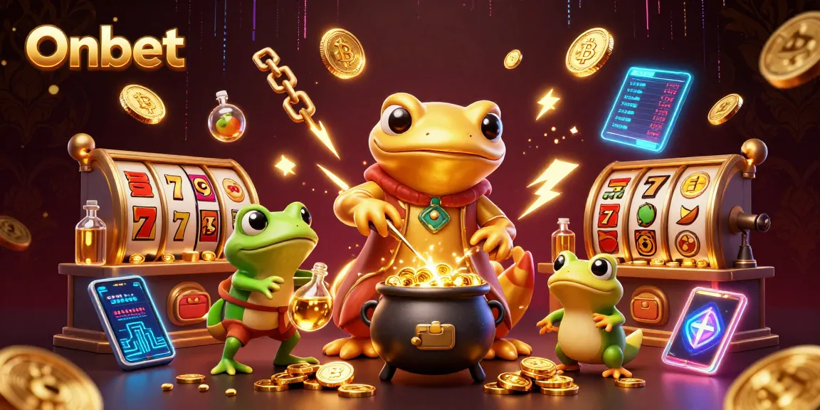 Onbet showcases a vibrant casino scene with alchemist characters transmuting coins amidst slot game symbols.