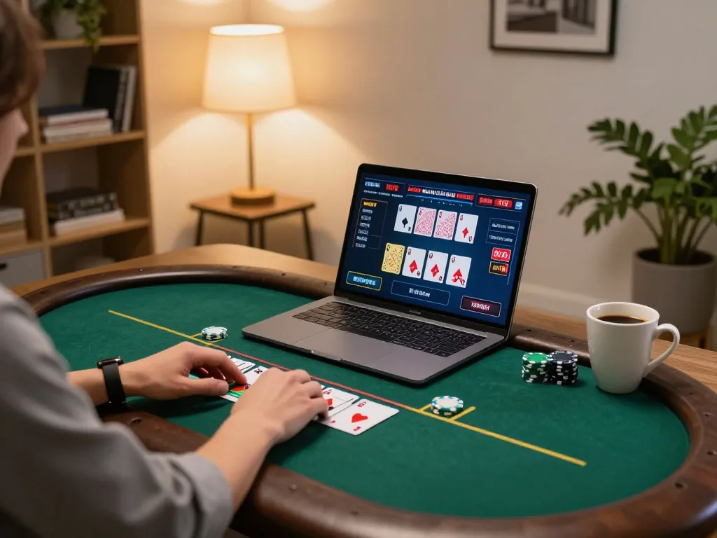 Engaging gameplay on 9bet's online poker platform showcases a cozy home gaming setup.