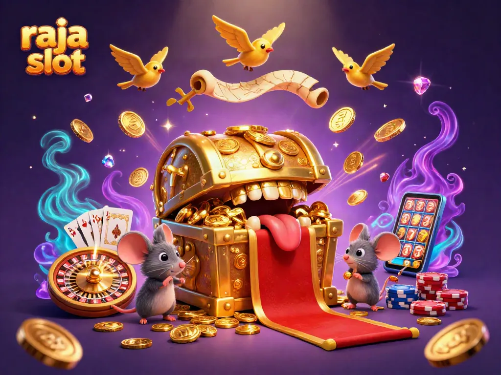Menggoda pemain slot di raja slot dengan peti harta karun berkilau dan koin terbang.