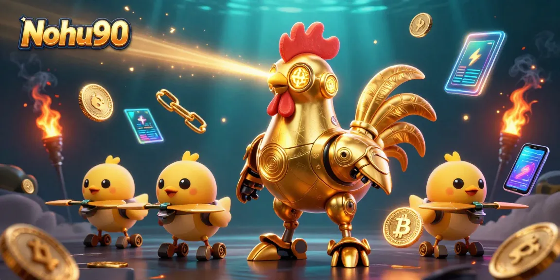 Nohu90's dynamic gaming scene features a golden rooster robot with baby chick drones, showcasing crypto elements.