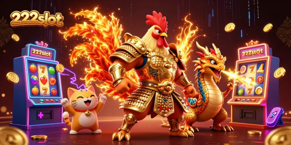 Menggoda keberuntungan dengan 222slot di mesin slot, dengan ayam jantan bertarung dan naga menyala.